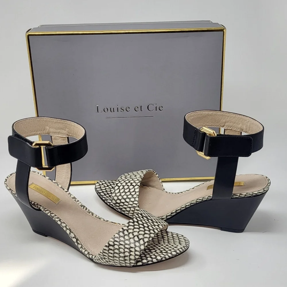 Louise et Cie Black and White Wedge Shoes with Textured Design and Ankle Strap - Picture 2 of 14